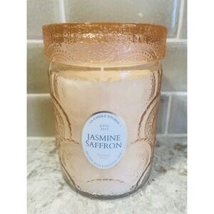 Leoben Co Jasmine Saffron Scented Candle 14oz Embossed Peach Glass Jar Luxury